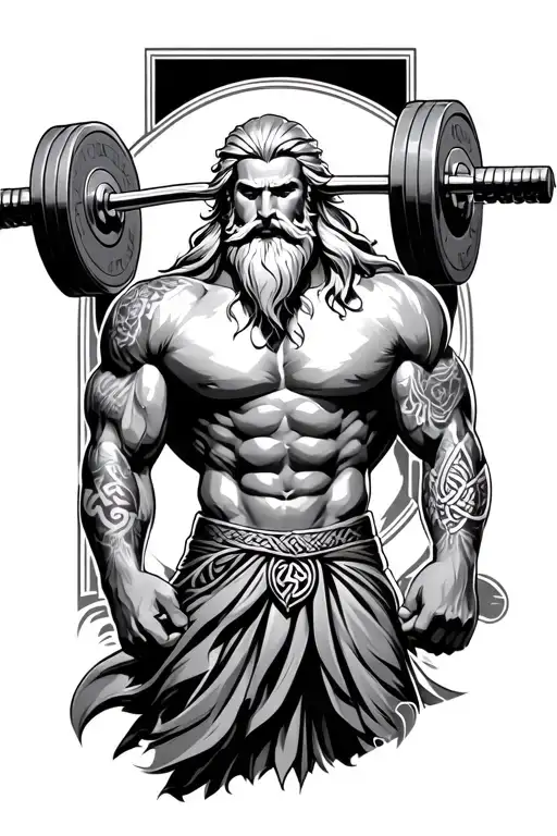 Super muscled Atlas Greek God with long silver hair and beard and celtic tattoos lifting weights  tattoo design idea