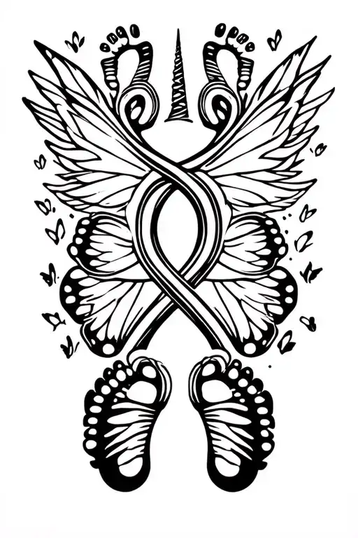 infinity symbol surrounded by footprints with unicorn horn centered and butterfly wings tattoo design idea