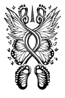 infinity symbol surrounded by footprints with unicorn horn centered and butterfly wings tattoo design idea