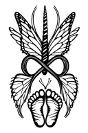 infinity symbol surrounded by footprints with unicorn horn centered and butterfly wings tattoo design idea
