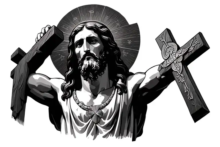 Jesus Christ looking down above three crosses tattoo design idea