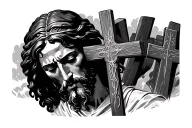 Jesus Christ looking down above three crosses tattoo design idea