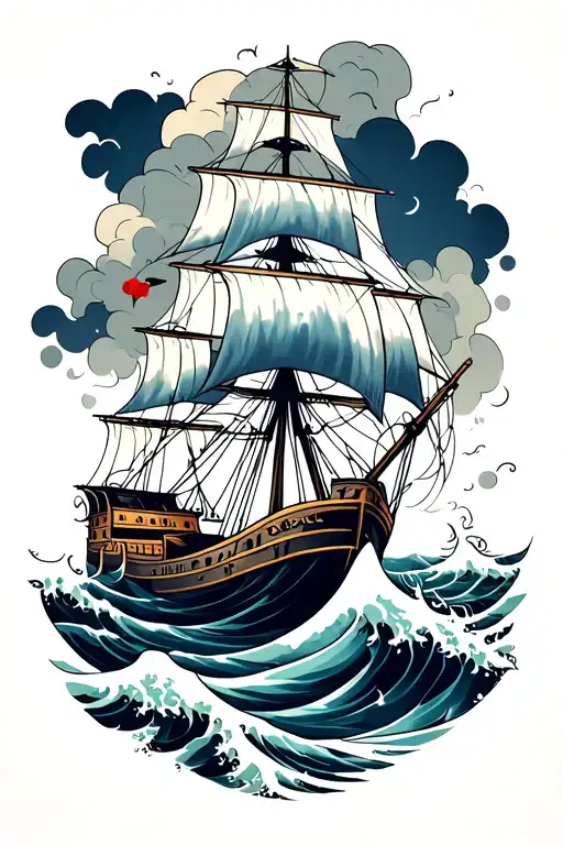 Ship In Storm clouds wave tattoo design idea