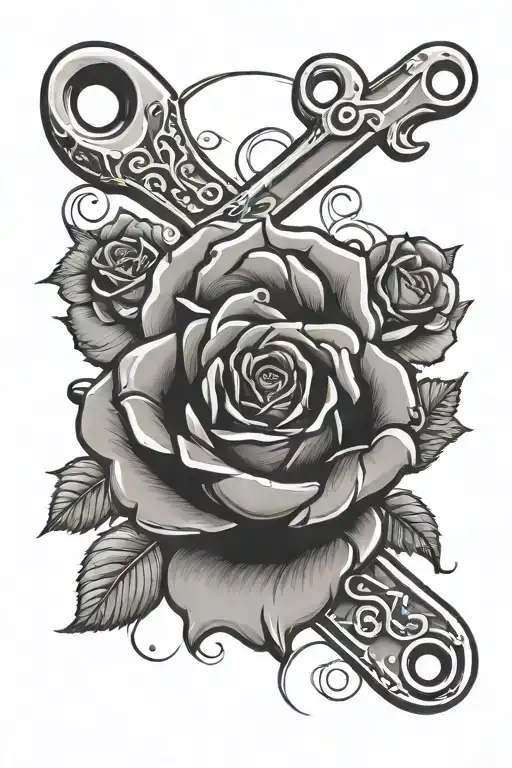 wrench intertwined with red rose with the name Charlie  tattoo design idea