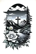 West Virginia mountains, stream, sunset, cross, rose, daffodil tattoo design idea