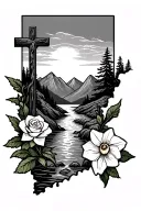 West Virginia mountains, stream, sunset, cross, rose, daffodil tattoo design idea