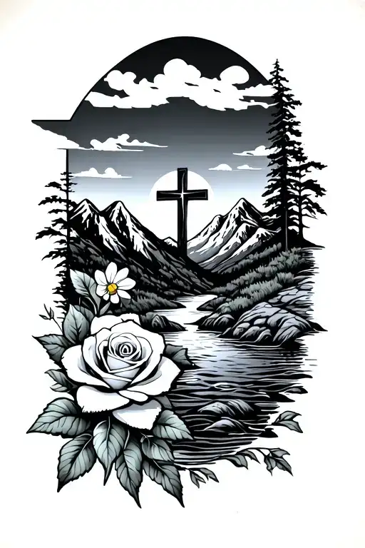 West Virginia mountains, stream, sunset, cross, rose, daffodil tattoo design idea