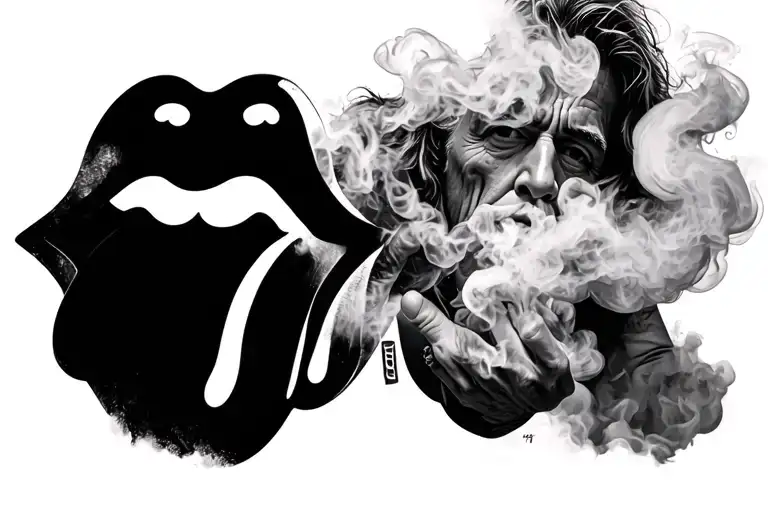 Keith Richards blowing smoke with rolling stones logo tattoo design idea