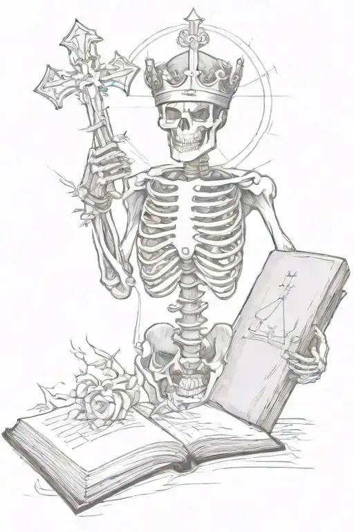 a skeleton with a crown and holds a cross in one hand and a book in the other tattoo design idea