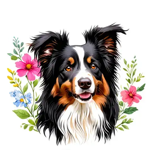 Australian shepherd with flower blooming tattoo design idea