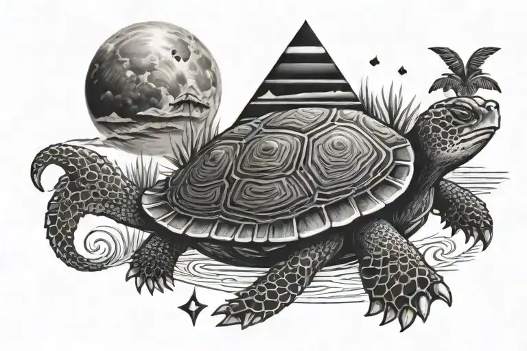 Polynesian turtle with Egypt pyramid moon desert river tattoo design idea