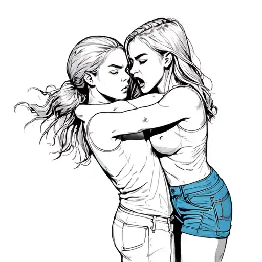 Girl putting another girl in a headlock, fighting each other, angry faces tattoo design idea