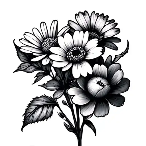 simplistic, fine line bouquet of 5 single flowers. cherry blossom, daisy, narcissus, peony, and honeysuckle  tattoo design idea