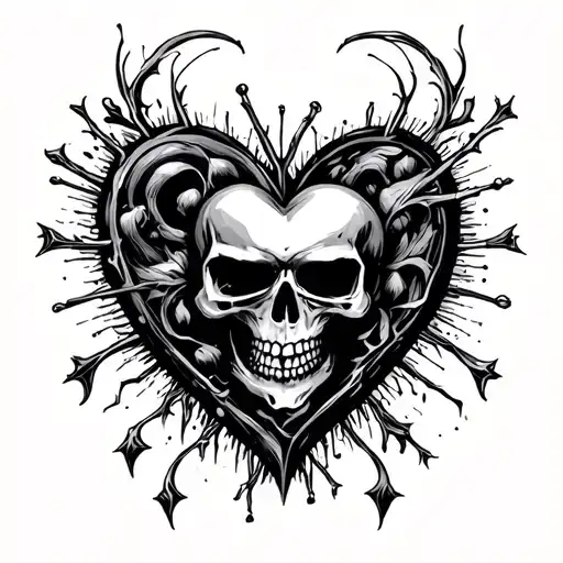 heart, skull, rock music, heavy metal, love, passion, betrayal, subtle shapes and symbols, spaced, connected tattoo design idea