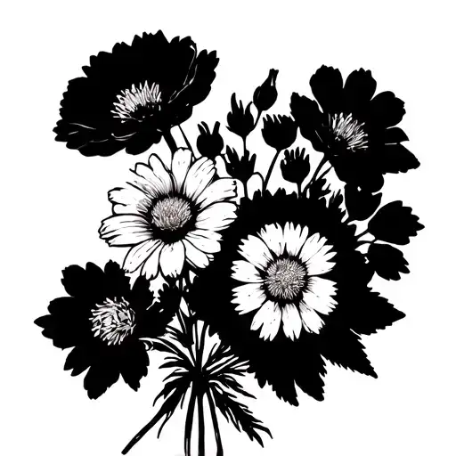 simple Jonquil, Delphinium, Cosmos, aster flower bouquet tattoo design idea