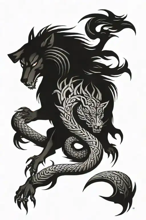 Fenris wolf, world serpent, mystical, ominous tattoo design idea