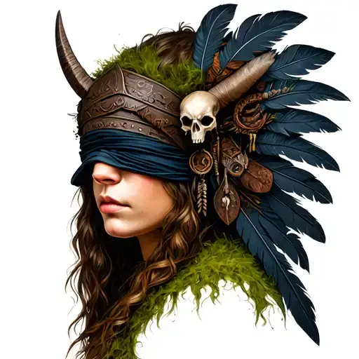 viking woman face with covered eyes and a headdress made of antlets moss crow feathers and crow skulls with trinkets tattoo design idea
