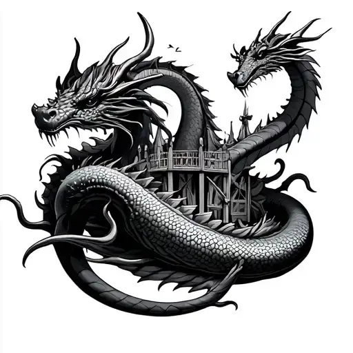 An amusement park wrapped in a dragon and an eel tattoo design idea