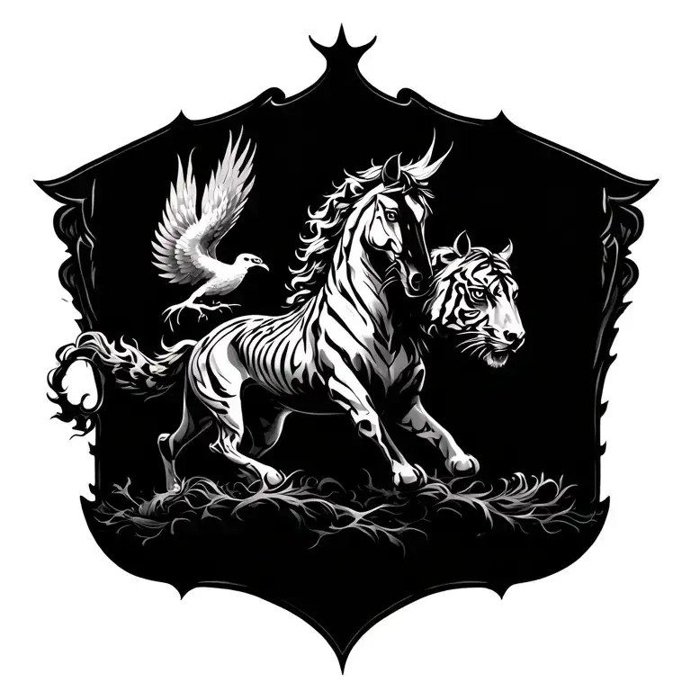 back tattoo with tiger, horse and phoenix tattoo design idea