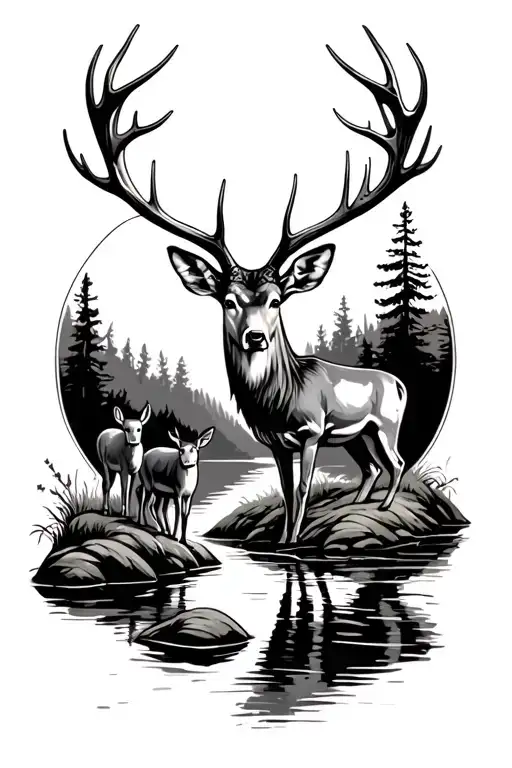 white tailed deer antlers with a brook and an old guy and a young kid tattoo design idea