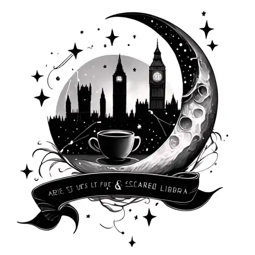 Crescent moon with Aries & Libra constellations, shooting stars. Flowing ribbon with London skyline, coffee cup, wedding tattoo design idea