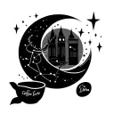 Crescent moon with Aries & Libra constellations, shooting stars. Flowing ribbon with London skyline, coffee cup, wedding tattoo design idea