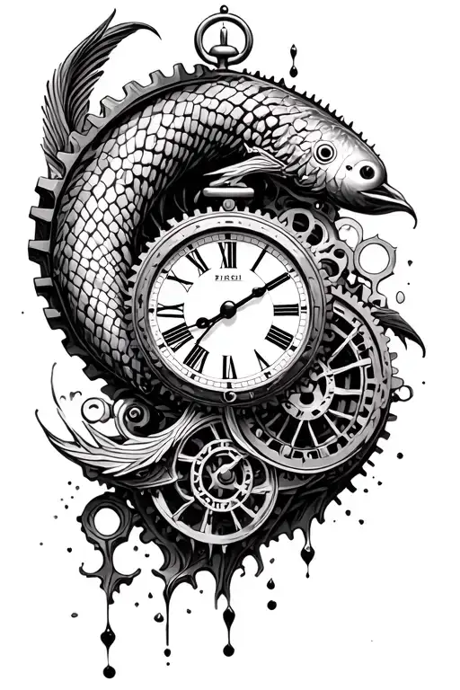 Pisces clock melting timepiece with gears tattoo design idea