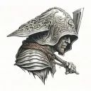 a hooded warrior who stands up straight tattoo design idea