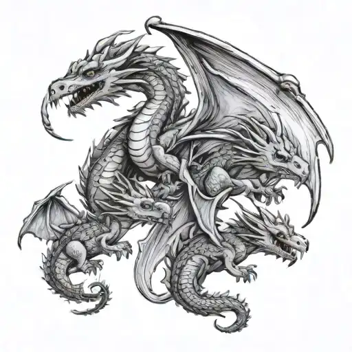 3 baby dragons flying round chasing eachother with 1 mother dragon looking over them tattoo design idea