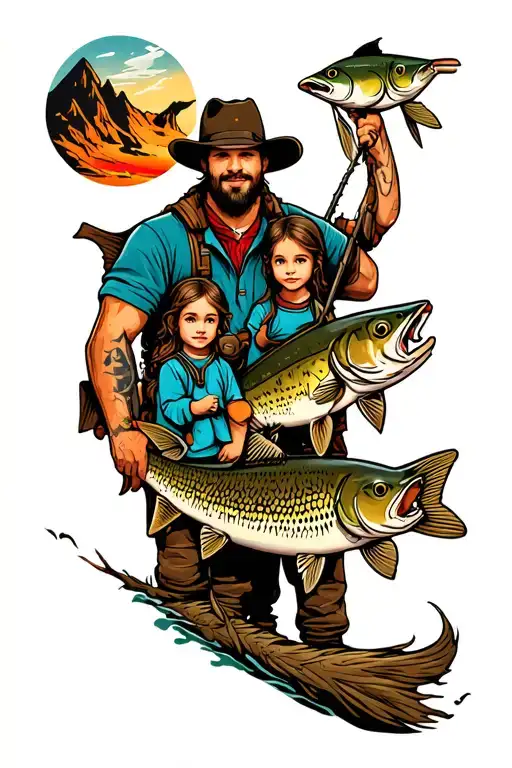 mountain hunting fishing family tattoo design idea