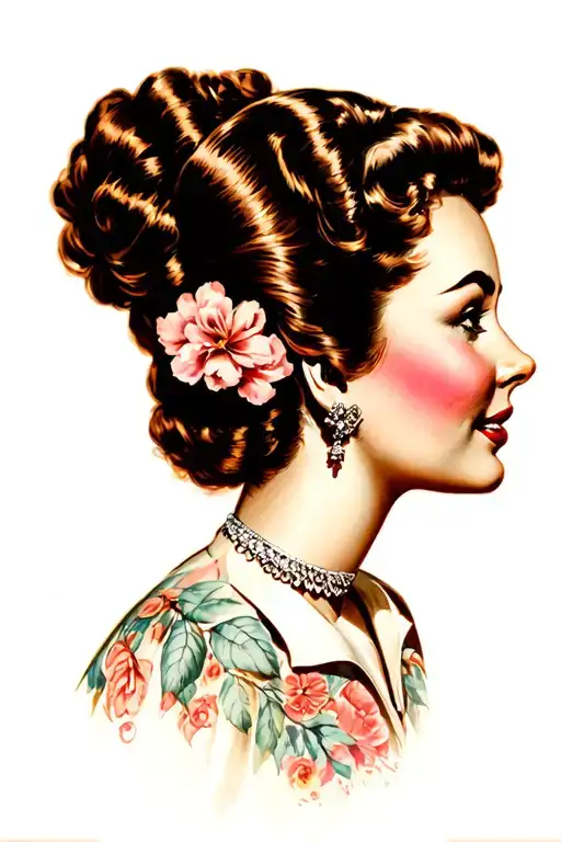side profile female face 1950s style tattoo design idea