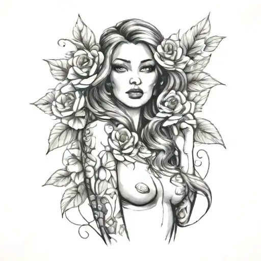 sexy girl standing pretty modern with flowers sexy  tattoo design idea