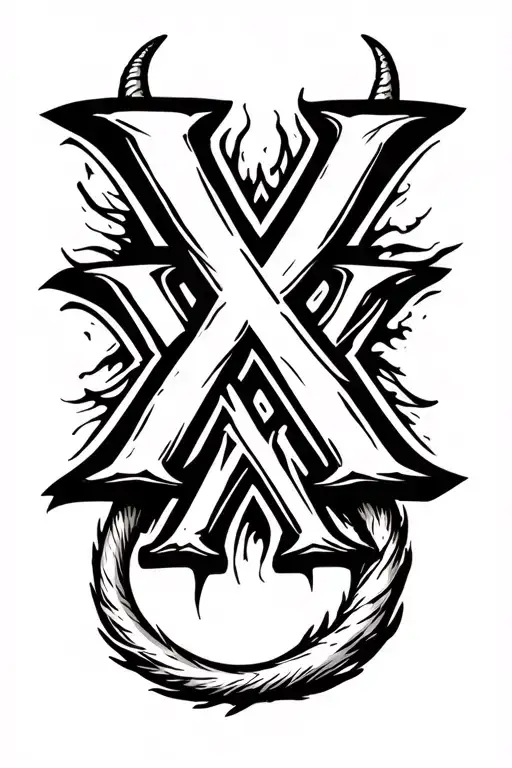 "XXX" "XXX" triple x, center X is bigger, center X has its ends extending horizonally in opposite directions, devil tail on one tattoo design idea
