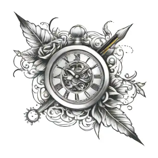 A tattoo design incorporating a timepiece and a pencil, representing your journey to find yourself through art and time management tattoo design idea