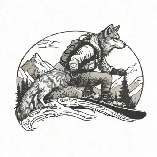 snowboarder and wolf and mountain tattoo design idea