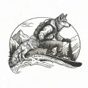 snowboarder and wolf and mountain tattoo design idea