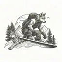 snowboarder and wolf and mountain tattoo design idea