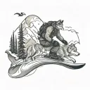 snowboarder and wolf and mountain tattoo design idea