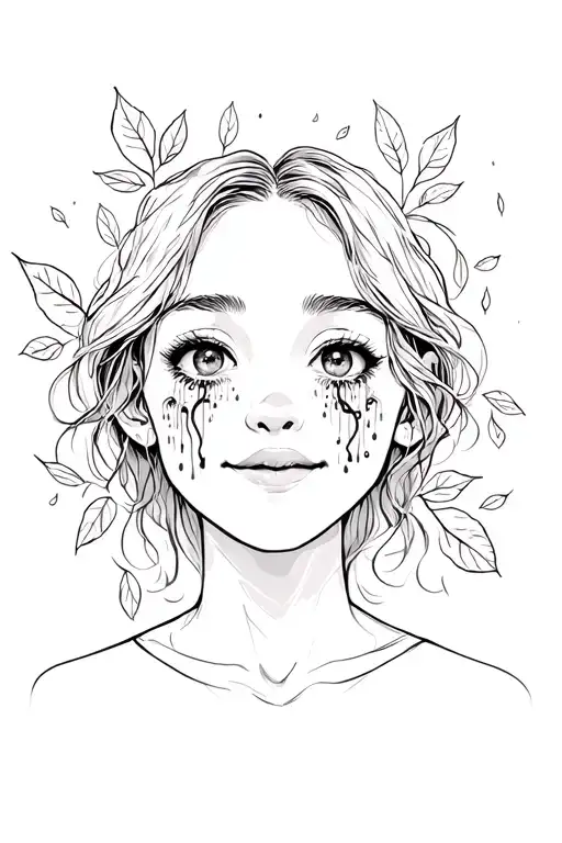 woman smiling sad with tears falling leaves and introduce the sad childhood and traumas that are left behind  tattoo design idea