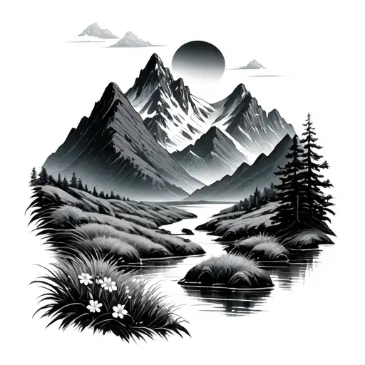 mountain range with a winding river surrounded by grass and flowers tattoo design idea
