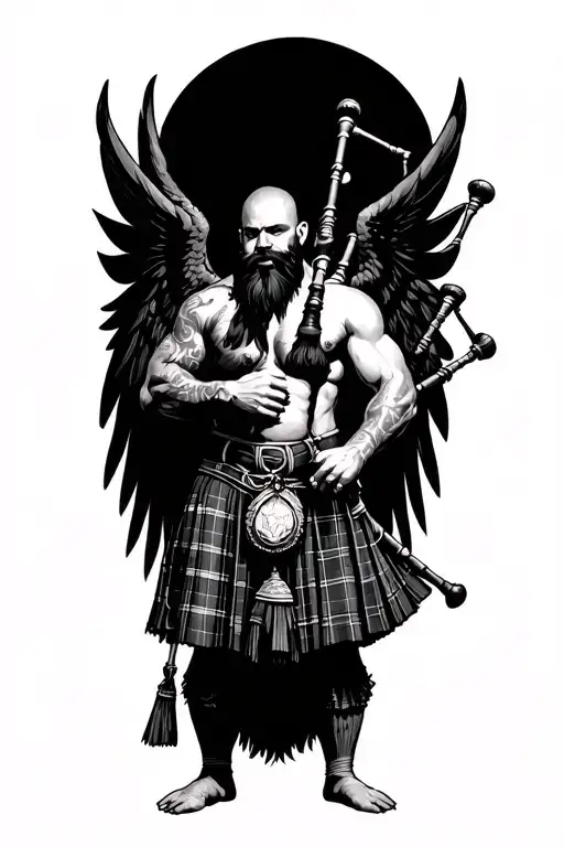 no legs shirtless muscular bagpiper bald black beard playing bagpipes hoge black wings tattoo design idea