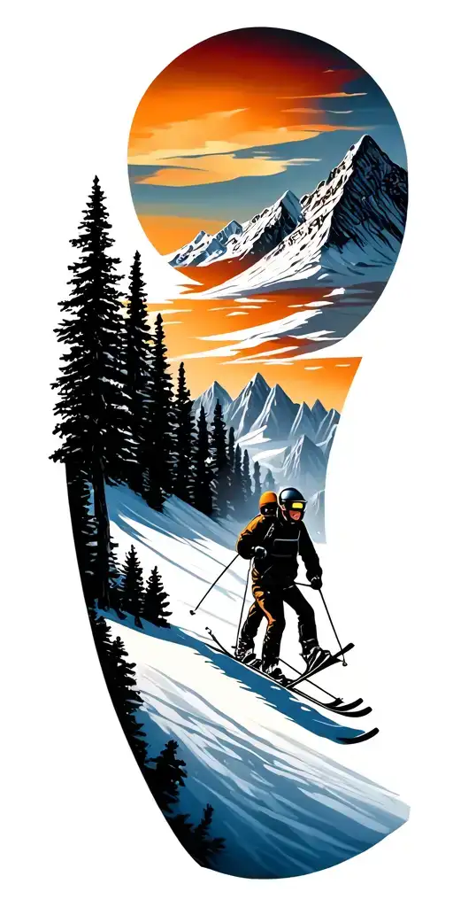 Mont Blanc and trees colors sunset and skiers tattoo design idea