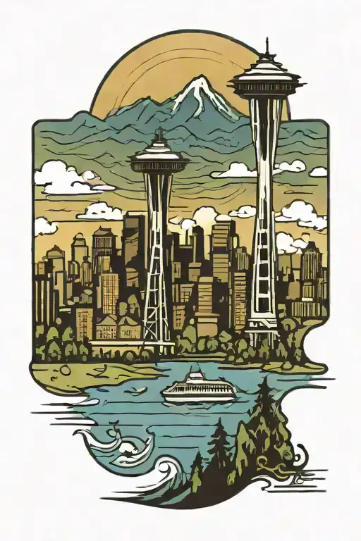 seattle skyline with pnw vibes tattoo design idea