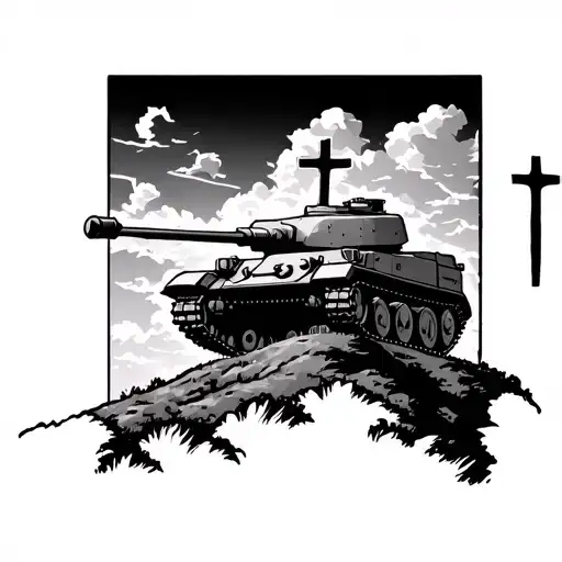 tank on a hill with 2 crosses with shading and clouds view from the bottom of hill and make it look like the 3 cross pic tattoo design idea