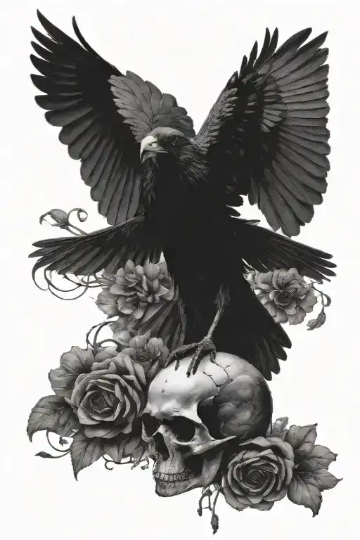 black raven with spreaded wings on top of a skull, surrounded with flowers tattoo design idea