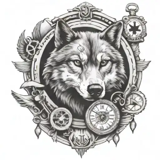 pocket watch, eye of okko, wolf symbol, bear symbol with paw print, hammer and sickle tattoo design idea