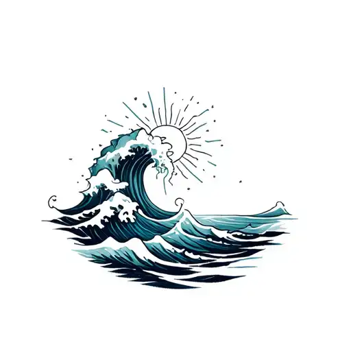 sea waves and sun shining tattoo design idea