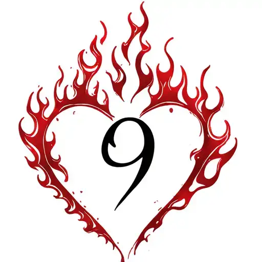 heart in flames with a number 9 inside tattoo design idea