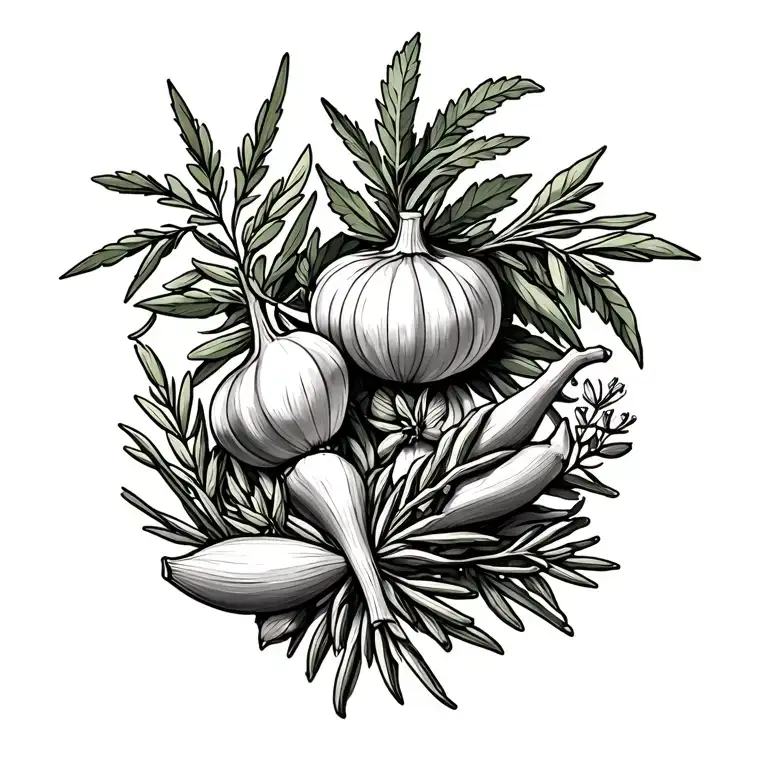 fresh kitchen herbs, branches, tyme, basil, rosemary, oregano, sage, chili, pepper, garlic, chives tattoo design idea