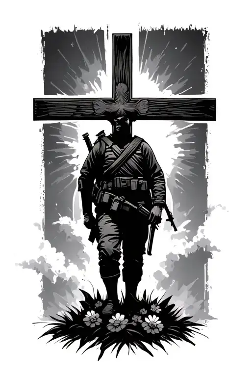 Lest We forget with silhouette of soldier standing by cross tattoo design idea